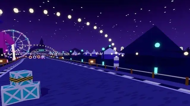 A night-time carnival track with a Ferris wheel, string lights and ghosts along the fence
