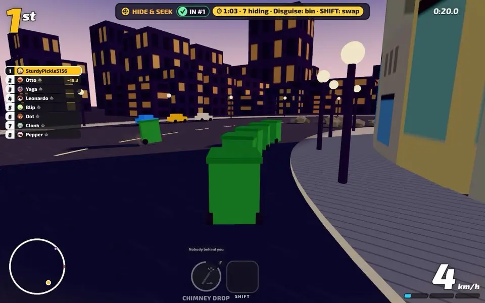 A row of green wheelie bins on a city street, one of them a player's kart in disguise