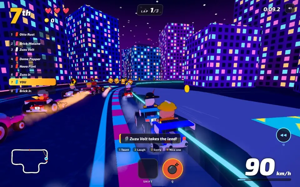 Karts race through Neon Tokyo at night in Rubble Rally