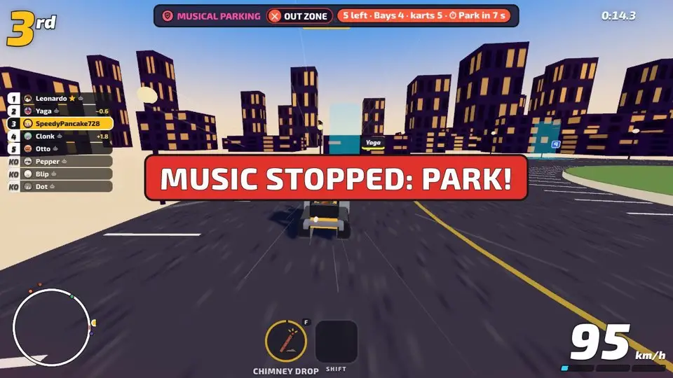 A banner reads MUSIC STOPPED: PARK! as karts race for parking bays