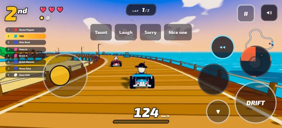 Rubble Rally running on an iPhone held sideways, with touch buttons for drift, nitro and items