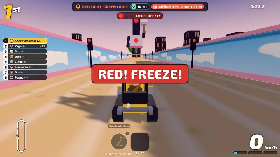 A kart stops dead on a red light while a giant robot foreman with a hammer watches the road