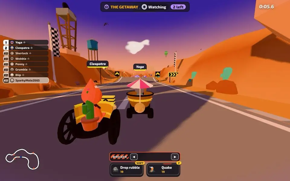 Two finalists race down a desert road in The Getaway while knocked-out players watch as Wreckers
