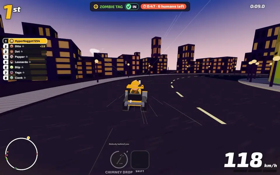 A yellow kart speeds down a night street at 118 km/h while the HUD shows six humans left in Zombie Tag